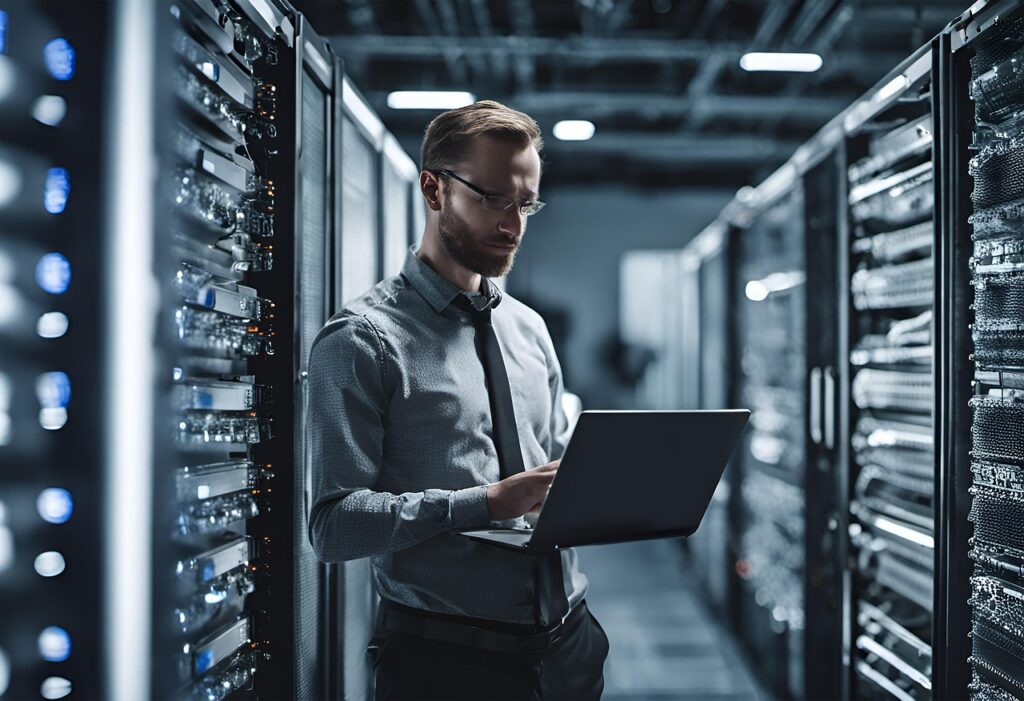 IT specialist with a laptop in a server room where contract information is stored