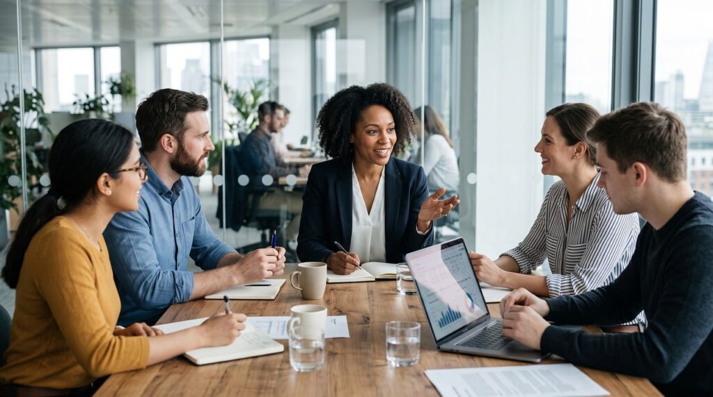 Proposal team planning how to respond to an RFP around a conference table